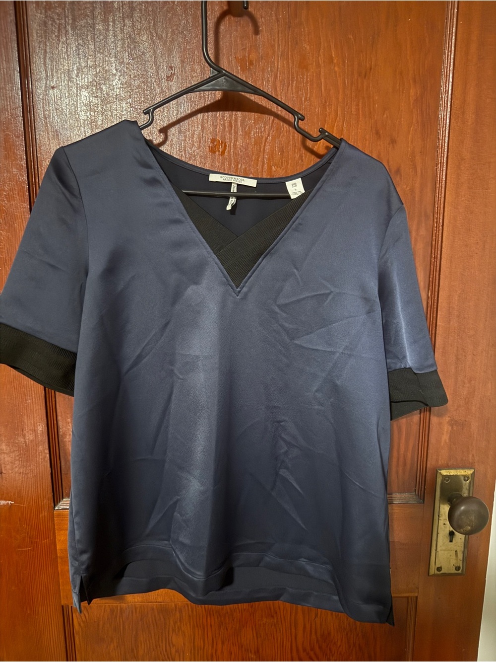 Scotch & Soda Navy Short Sleeve V-Neck Top with Black Trim
